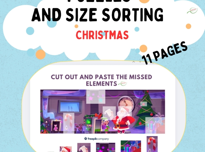 Układanka na Boże Narodzenie/ Mikołajki, segregowanie według rozmiaru. Christmas size sorting &missed elements puzzle. Dobre dla SPE.