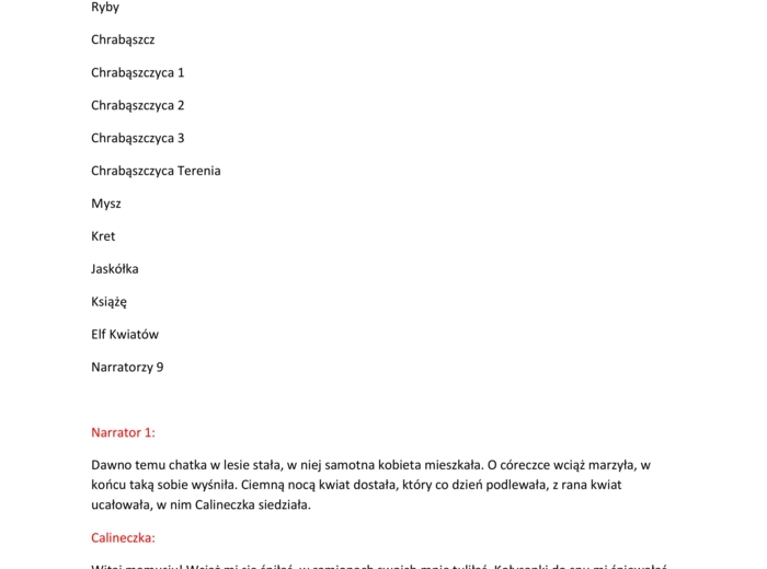 Scenariusz przedstawienia Calineczka - przedszkole