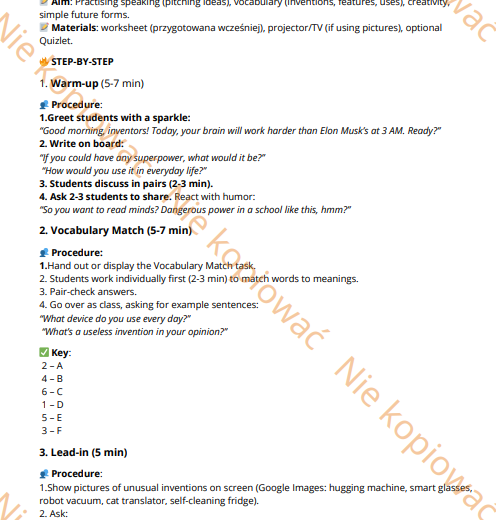 Karta Pracy Super invention pitch - will, might, could A2-B2