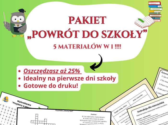📦 Pakiet „Powrót do szkoły” 🎒📚 – krzyżówka, wykreślanka, quiz integracyjny, dyplom i plakat – początek roku szkolnego, godzina wychowawcza, świetlica, klasy 1–8