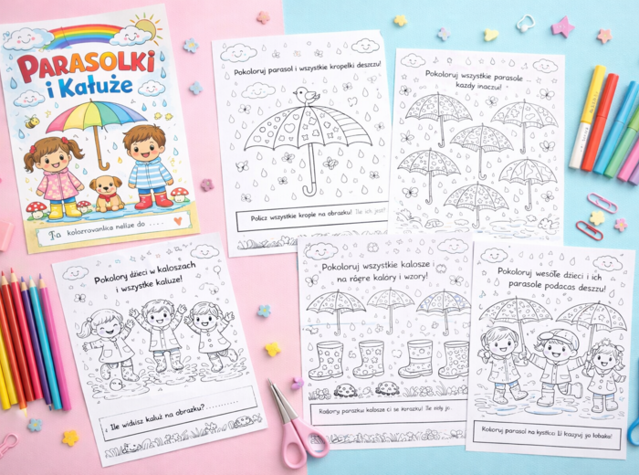 Kolorowanka: Parasolki i kałuże