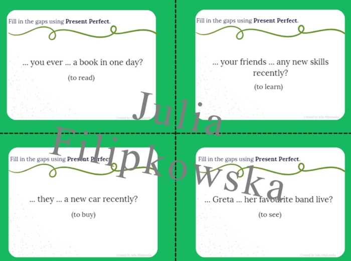 Present Perfect/ Karty do mówienia/ Mówienie/ Speaking/ Zestaw/ Pakiet/ Klasy 4-8/ Klasy 4-6/ Klasy 6-8/ SP/ Warm-up/ Rozgrzewka/ Gramatyka/ Grammar/ Speaking cards grammar/ Grammar cards/ E8