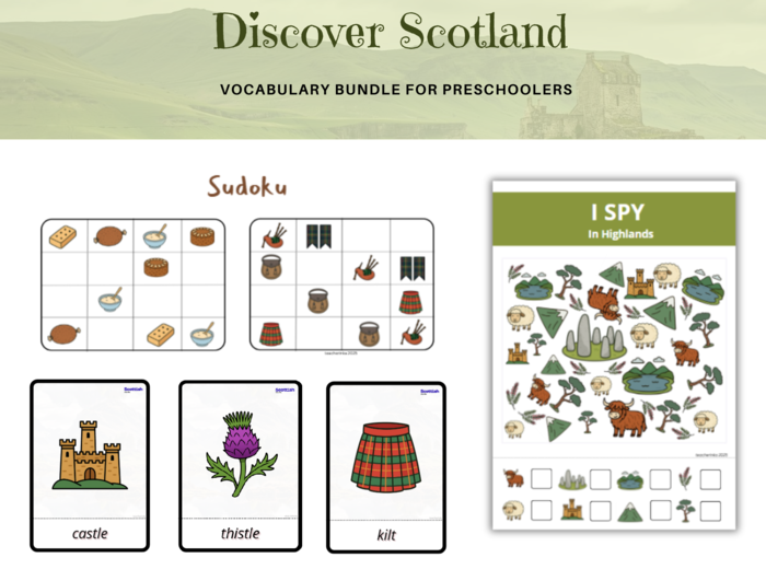 Discover Scotland - vocabulary bundle for preschoolers - Szkocja Kulturowe Karty Pracy dla uczniów przedszkola oraz zerówki przedszkolnej, Słownictwo dodatkowo karty obrazkowe