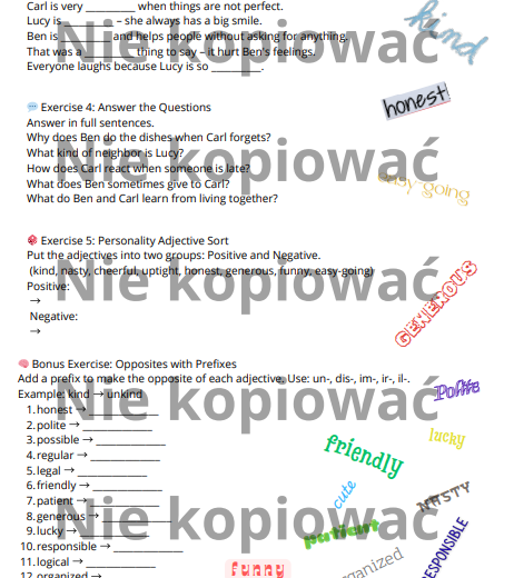 Karta Pracy "The Two Roommates" - opis charakteru A2