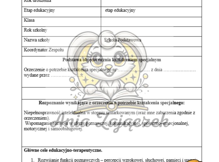 Indywidualny Program Edukacyjno–Terapeutyczny (IPET) - niepełnosprawność w stopniu umiarkowanym .