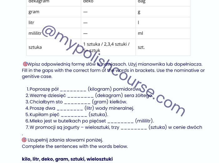 Praktyczny polski - zakupy spożywcze (poziom A2+/B1)