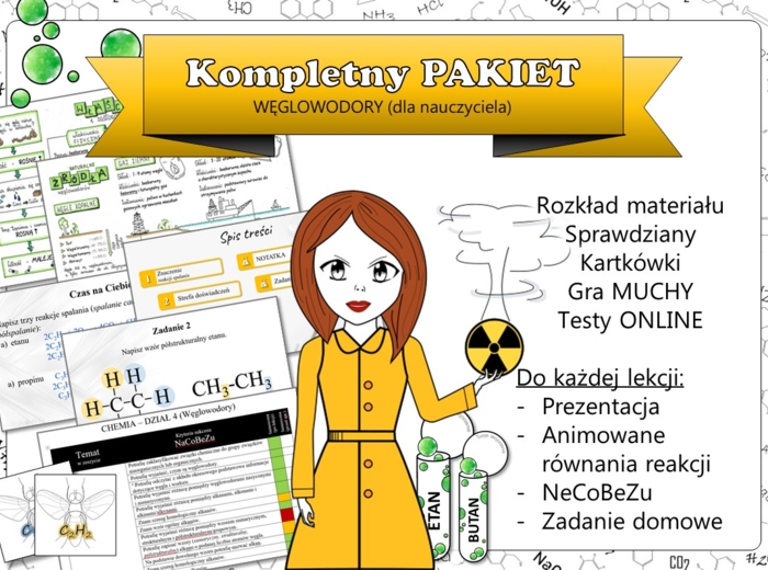 Chemia. Klasa 8. Węglowodory. Kompletny PAKIET materiałów do całego działu dla nauczyciela. Prezentacja. Karta pracy. Gra dydaktyczna. Zadanie. Sketchnotka. Powtórzenie wiadomości. Kartkówka. Sprawdzian.