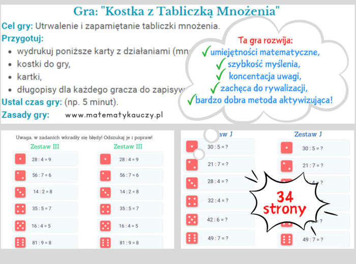 "Kostka z Tabliczką Mnożenia" – rewolucyjna Gra Aktywizująca / stacja zadaniowa / KARTY PRACY kl.3 – kl. 6 PDF / 180 przykładów + ROZWIĄZANIA
