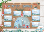❄️🇬🇧 Gazetka językowa „WINTER IDIOMS” 🇬🇧❄️8 plansz z idiomami, tłumaczeniem i przykładem zdania| Edukacyjna i kolorowa dekoracja klasy lub korytarza