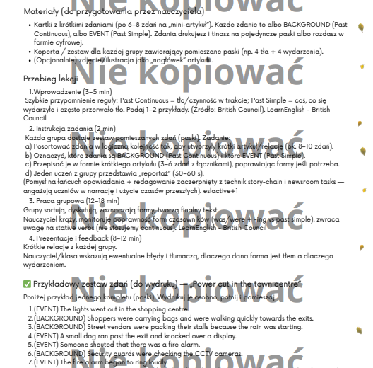 Scenariusz i karta pracy "Power cut in the town center" Past Simple v. Continuous B1
