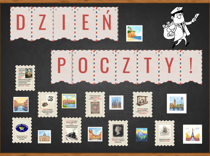 Gazetka: Dzień poczty, Dzień znaczka pocztowego, girlanda, ciekawostki, materiały gotowe do druku.