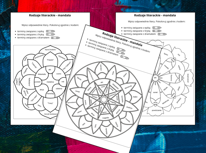RODZAJE LITERACKIE - epika - liryka - dramat - MANDALA - powtórka - egzamin - 3 wersje