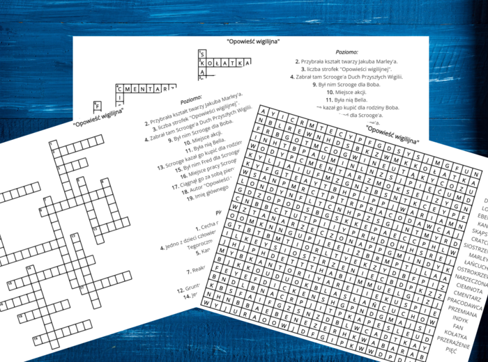 "OPOWIEŚĆ WIGILIJNA" - krzyżówka, wykreślanka - lektury obowiązkowe kl.7-8