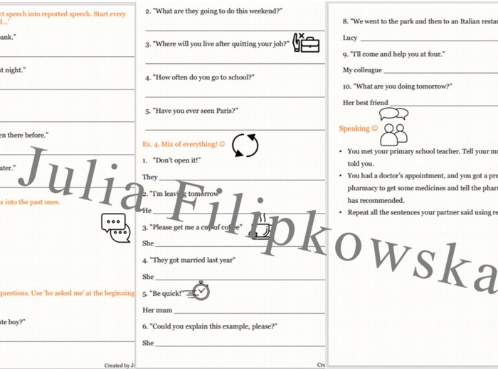 Reported speech/ Mowa zależna/ Zestaw zadań/ Teoria i Praktyka/ Teoria/ Theory/ Zadania/ Pakiet/ Karta pracy/ Gramatyka/ Grammar/ English Grammar/ Matura/ Notatka/ SP 7-8/ SP 8/ Klasy 7-8/ Klasa 8/ Gotowa lekcja