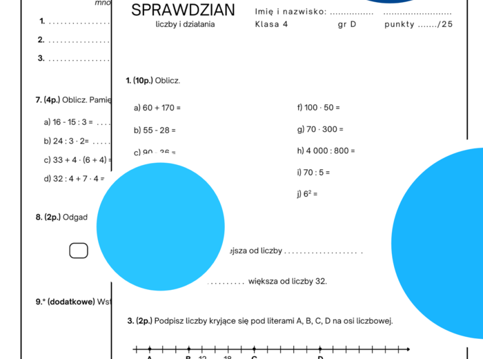 Sprawdzian - liczby i działania. Klasa 4. GWO