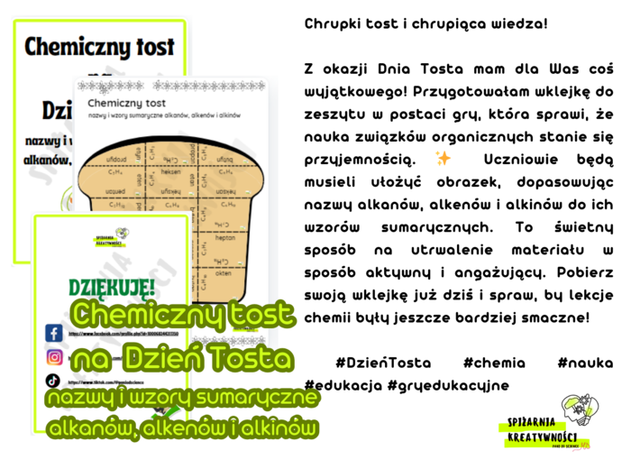 Chemiczny tost na Dzień Tosta -nazwy i wzory sumaryczne alkanów, alkenów i alkinów /kalendarz świąt nietypowych/