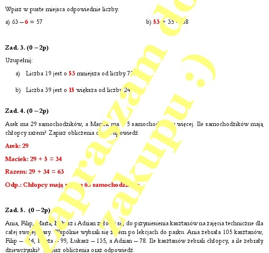 Kartkówka - dodawanie i odejmowanie w pamięci.