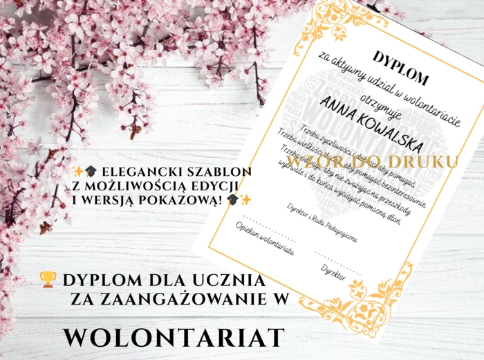 🏆 Dyplom za Wolontariat – elegancki szablon do druku 🌟
