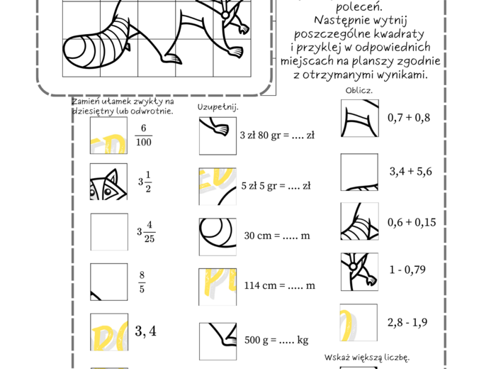 Powtórzenie wiadomości ułamki dziesiętne. Klasa 4 - puzzle Pedro