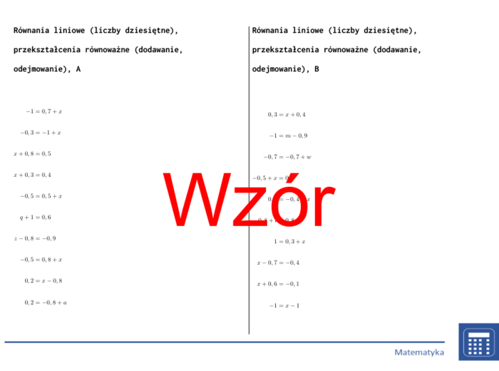 Równania liniowe (liczby dziesiętne), przekształcenia równoważne (dodawanie, odejmowanie) | matematyka, algebra | 26 kolumn