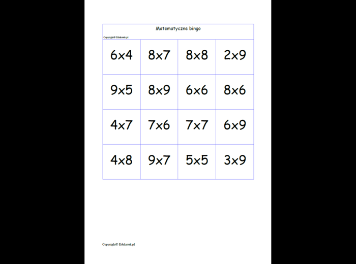 Matematyczne bingo- utrwalanie mnożenia