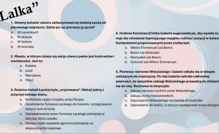 Test wprowadzający z lektury "Lalka"