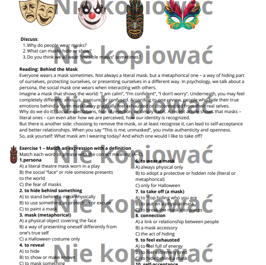 Karta pracy z czytanką "The Secret Behind the Mask" słownictwo: emocje i osobowość B1
