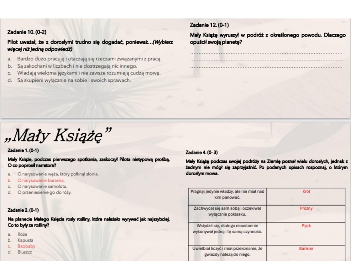 Test wprowadzający/powtórzeniowy do lektury "Mały Książę"