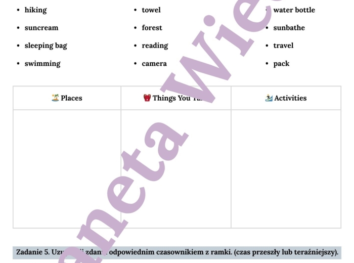 🌞WAKACYJNA KARTA PRACY – SUMMER HOLIDAY - SŁOWNICTWO 🌞- KLASY 4-8 SZKOŁY PODSTAWOWEJ- WYKREŚLANKA, BUDOWANIE ZDAŃ, MIEJSCA+RZECZY+AKTYWNOŚCI WAKACYJNE, CZYTANIE TEKSTU + ODPOWIEDZI