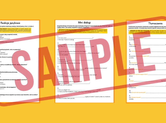 Język Angielski Egzamin 8-klasisty - Kompletny zestaw egzaminacyjny do e8 (Reakcje · Dialogi · Tłumaczenia · Transformacje) + ANSWER KEY