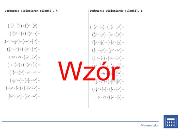 Dodawanie wielomianów (ułamki) | matematyka, algebra | 26 kolumn