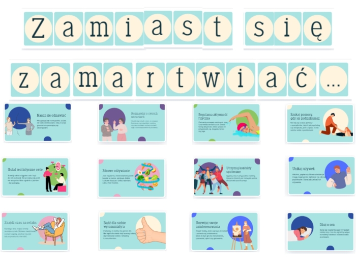 Pomysł na gazetkę szkolną na temat zdrowia psychicznego dzieci i młodzieży: ZAMIAST SIĘ ZAMARTWIAĆ... - Proste kroki do lepszego samopoczucia na co dzień/ Gazetka o zdrowiu psychicznym dzieci i młodzieży / Profilaktyka zdrowia psychicznego