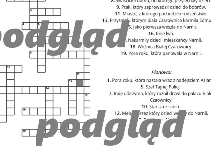 Opowieści z Narnii - krzyżówka + klucz odpowiedzi