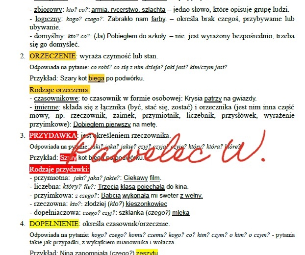 CZĘŚCI ZDANIA: podmiot, orzeczenie, dopełnienie, przydawka, okolicznik - plakat, notatka z wyjaśnieniem i przykładami