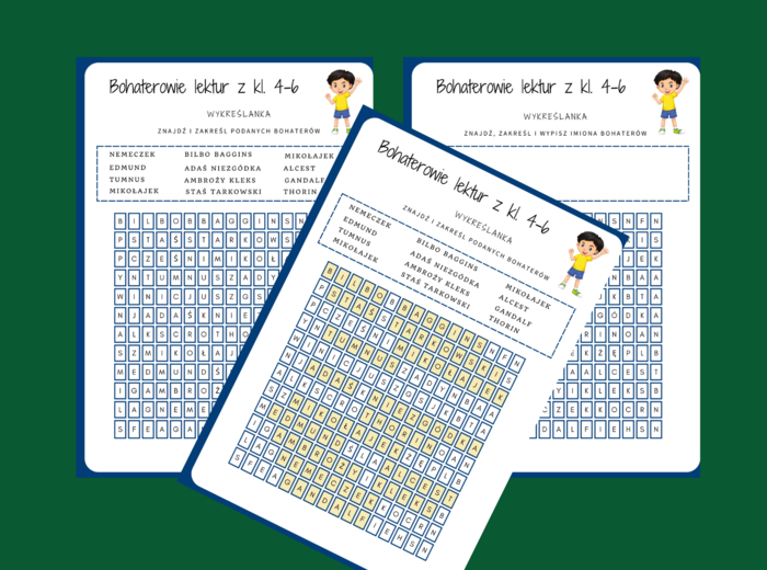 BOHATEROWIE LEKTUR z klas 4-6 - wykreślanka - powtórka