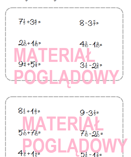 Szybkie karteczki - dodawanie, odejmowanie, mnożenie, dzielenie ułamków, działania na ułamkach (karta pracy, kartkówka kl 4, 5, 6, 7, 8)