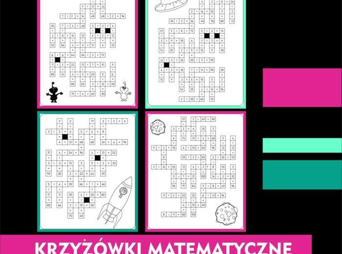 Krzyżówki matematyczne, mnożenie przez liczby jednocyfrowe i dwucyfrowe, w zakresie 1-100. Tabliczka mnożenia.