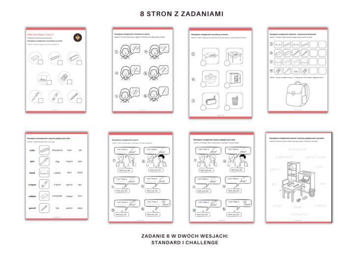 Kids Can 1 Unit 1 Dodatkowe zadania utrwalające i powtórzeniowe Klasa Pierwsza Przybory Szkolne Zadania Słuchanie Czytanie Mówienie Pisanie