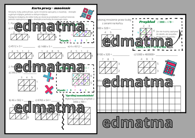 Mnożenie metodą przekątnych (hinduską) - karta pracy