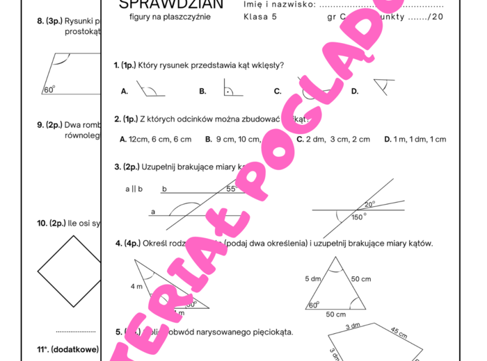 Sprawdzian/karta pracy - figury na płaszczyźnie. Geometria. Klasa 5