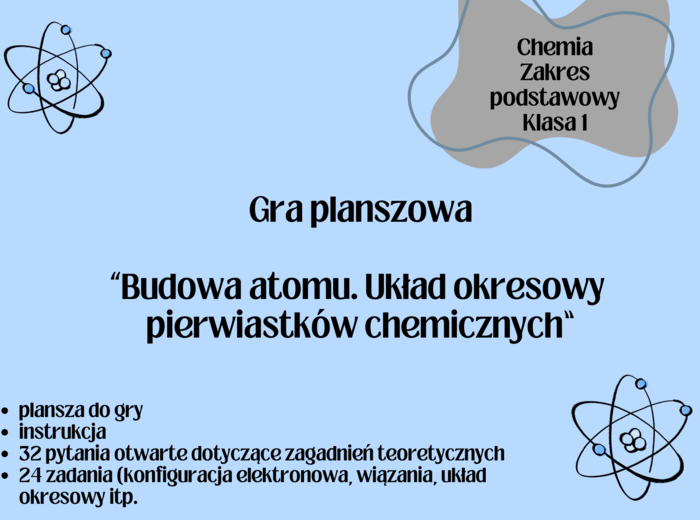 Chemia. Budowa atomu. Układ okresowy pierwiastków. Gra edukacyjna. Szkoła ponadpodstawowa. Poziom podstawowy