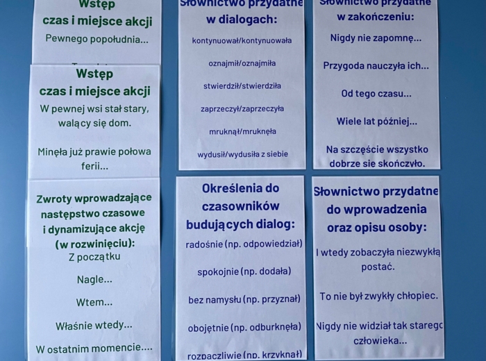 Opowiadanie twórcze – przydatne słownictwo – kolorowe karty A4