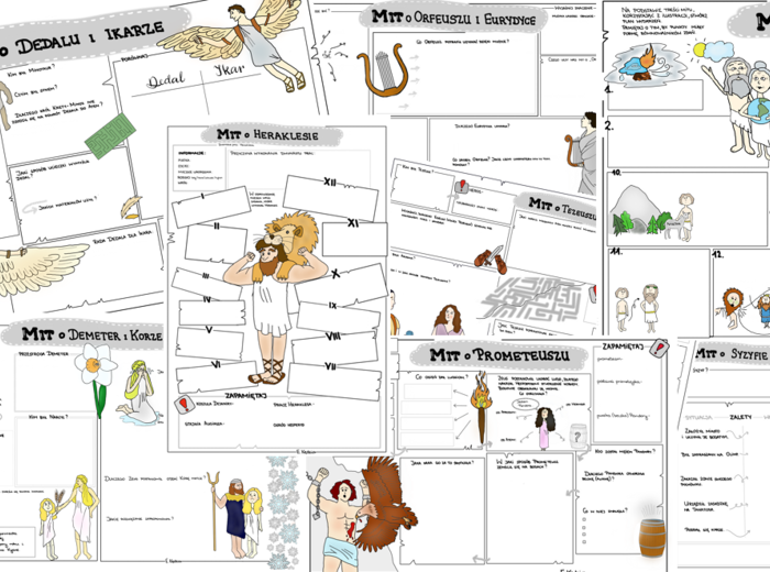 Mitologia - 8 kart (pustych i uzupełnionych)