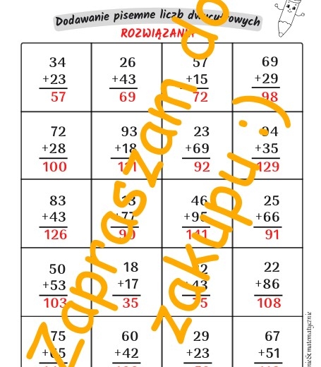 Dodawanie pisemne liczb dwucyfrowych z przekroczeniem i bez progu dziesiątkowego - karta pracy, kartkówka.