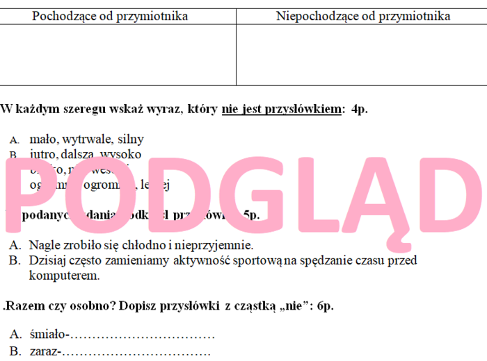 Kartkówka z przysłówka dla klas 4-6