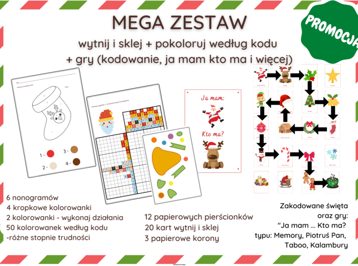 Mega zestaw: Świąteczny zestaw gier, Pokoloruj według kodu, Wytnij i sklej