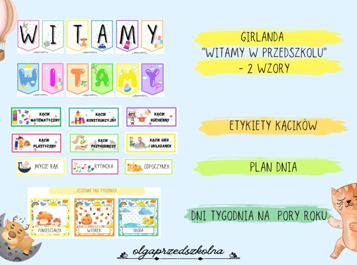 Zestaw przedszkole - gazetka. (pory roku, dni tyg., znaczki, girlanda...)