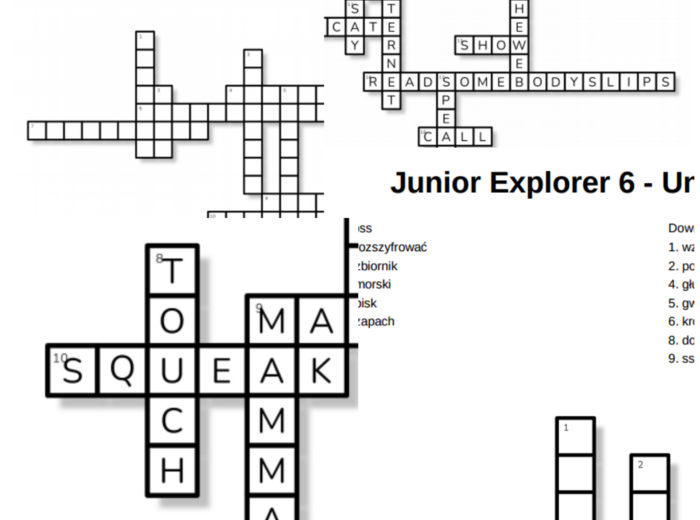 Junior Explorer 6 – Unit 1 – krzyżówki – Czasowniki/Porozumiewanie się - Rzeczowniki/Sprzęt komputerowy/Inne słówka