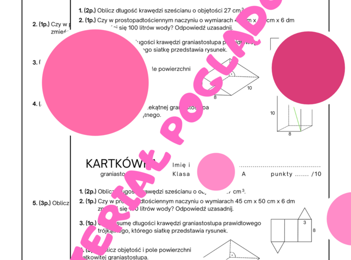 Kartkówka - graniastosłupy. Klasa 7. Klasa 8