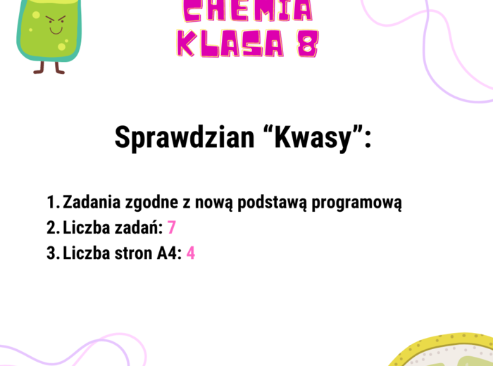 Chemia. Klasa 8. Sprawdzian wiadomości. Kwasy
